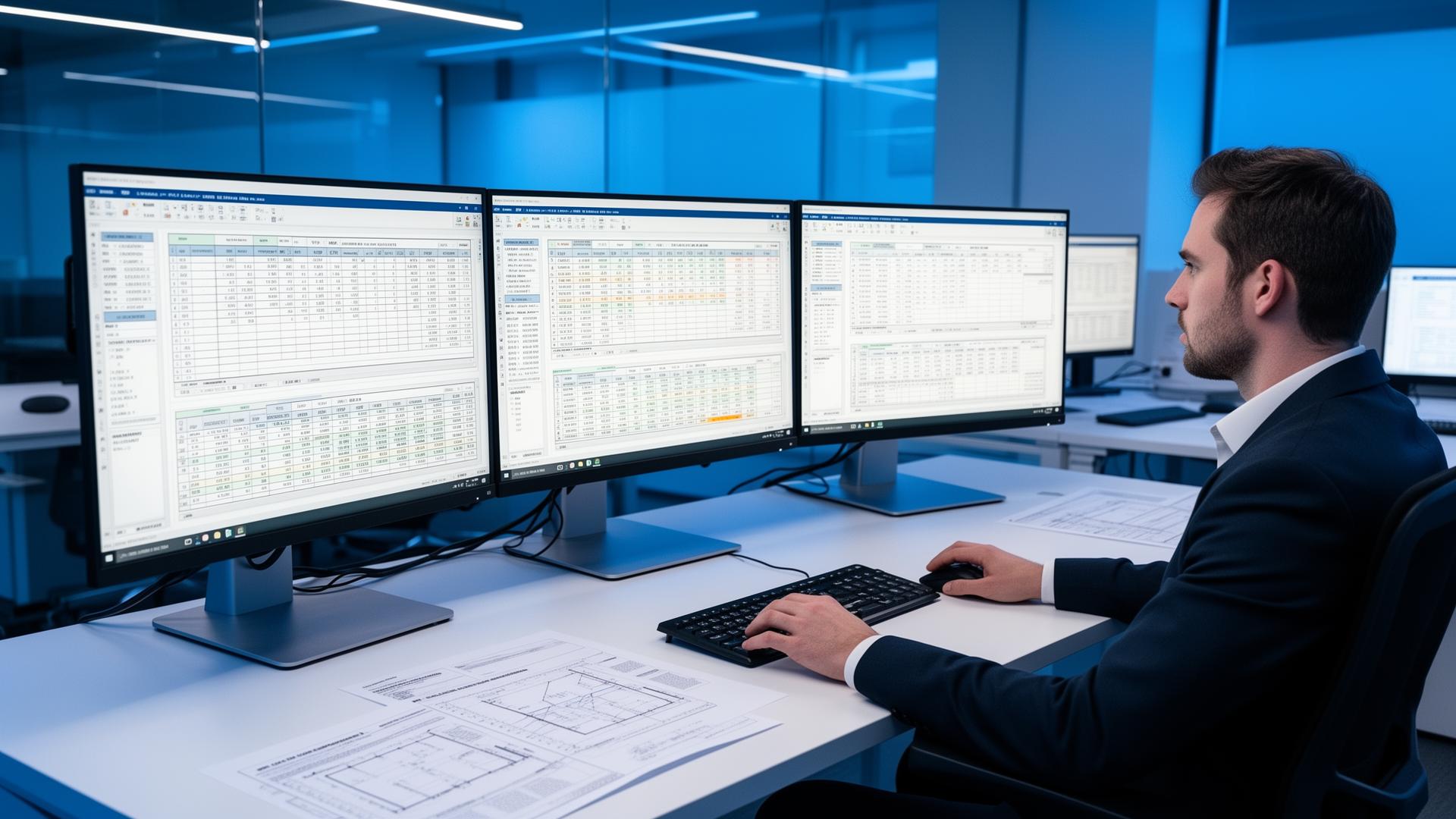 Engineer reviewing HVAC load calculations on multiple screens