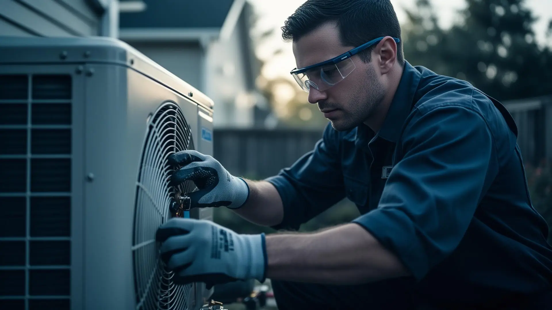 HVAC technician servicing an outdoor air conditioning unit