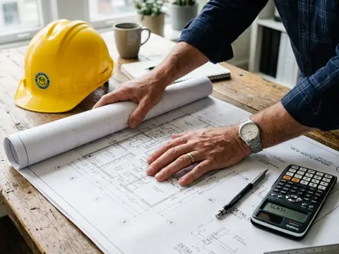 Architect reviewing HVAC blueprints with a hard hat and calculator
