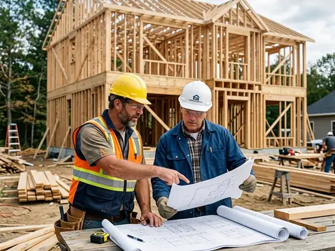 Builders reviewing construction plans at a framed new home