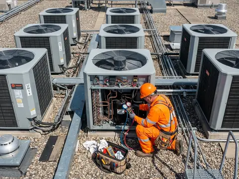 HVAC contractor servicing rooftop condenser units