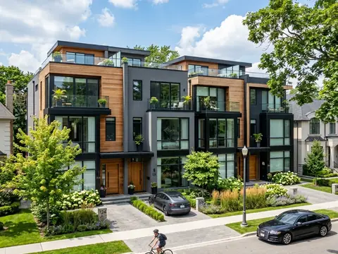 Modern residential homes on a tree-lined street